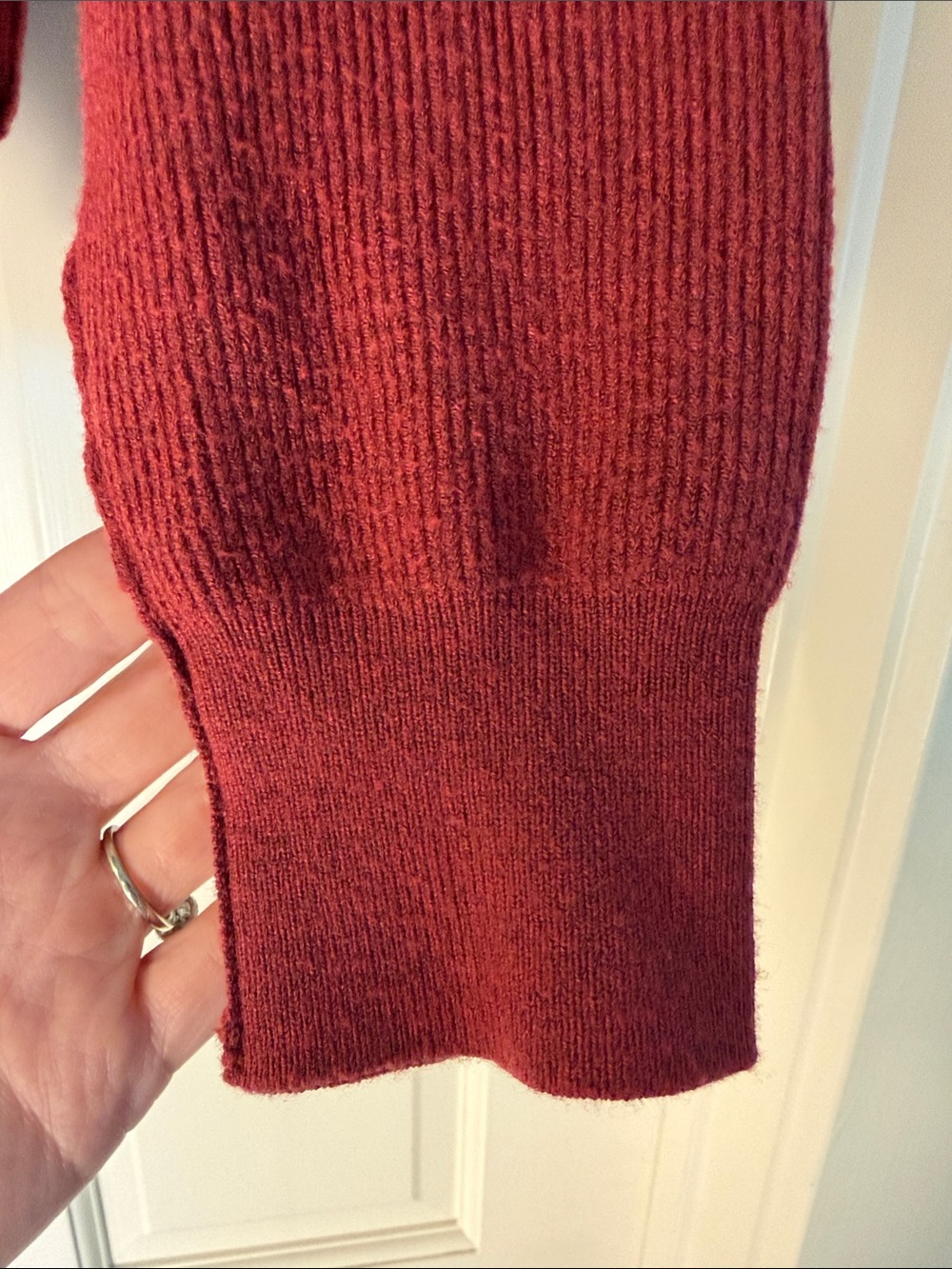 Line & Dot Off-the-Shoulder Asymmetrical Sweater in Rust Red - Picture 3 of 11